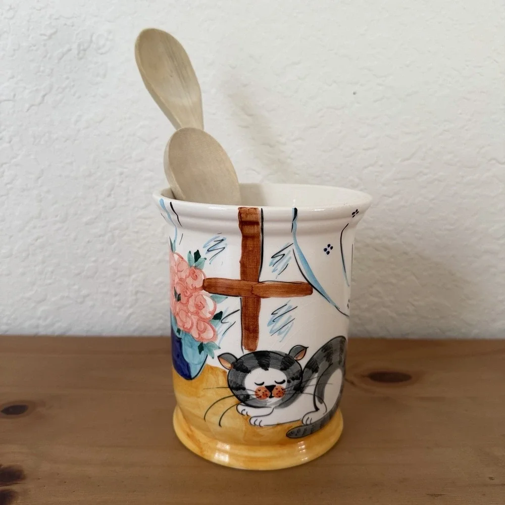 Cat Crock Utensil Holder Ceramic Hand Painted Cat Lady Gift Grandma Cottage